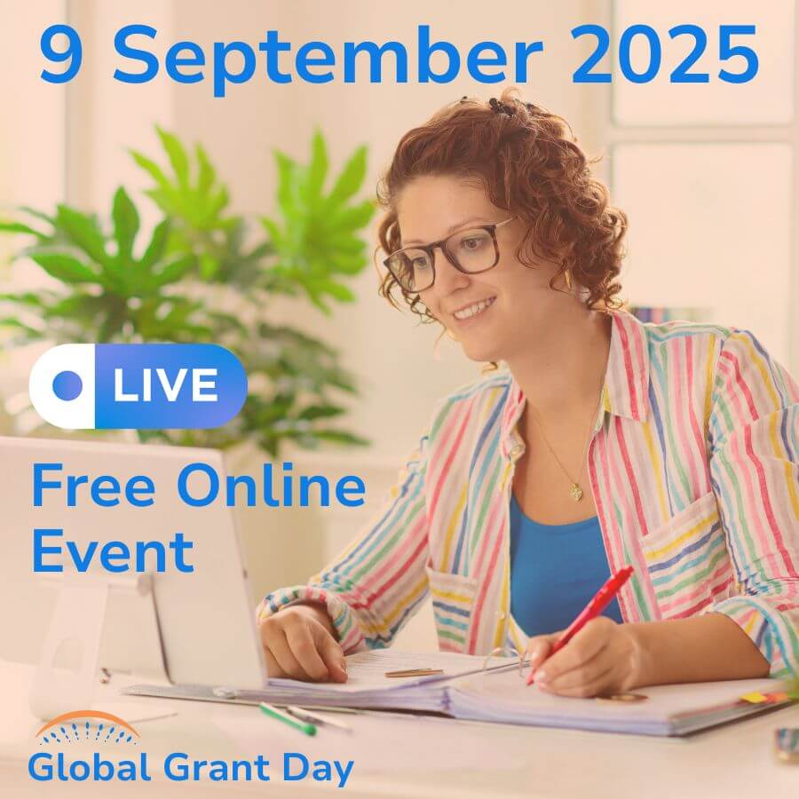 Global Grant Day 2025 free online event on 9 September – promoting collaboration, successful grants, and community impact via laptop video call.