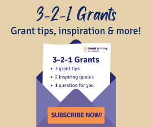 Visual preview of the 3-2-1 Grants email newsletter showing weekly grant tips, quotes, and questions from Grant Writing Academy.